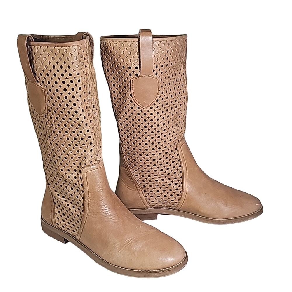 Women's Tan Perforated Mid-Calf Heeled Boots